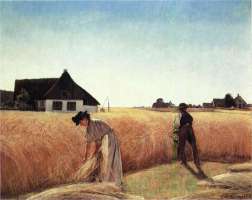 Høstscene. I forgrunden til venstre en pige, der binder op; i midten en mand, der mejer. Til venstre for marken og i baggrunden huse.