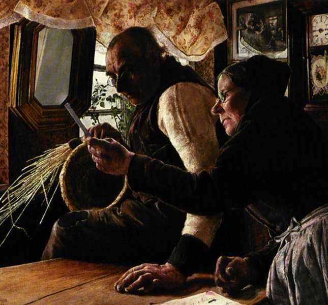 De gamle har fået brev. Interiør med en bondekone, der læser et brev op for sin mand. Han sidder på et bord og holder i hånden en stråflettet kurv.