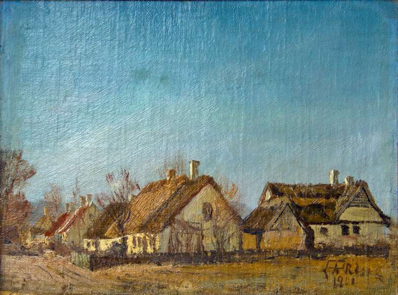 Vinterdag ved Auderød. Stråtækte huse. Høj blå himmel.